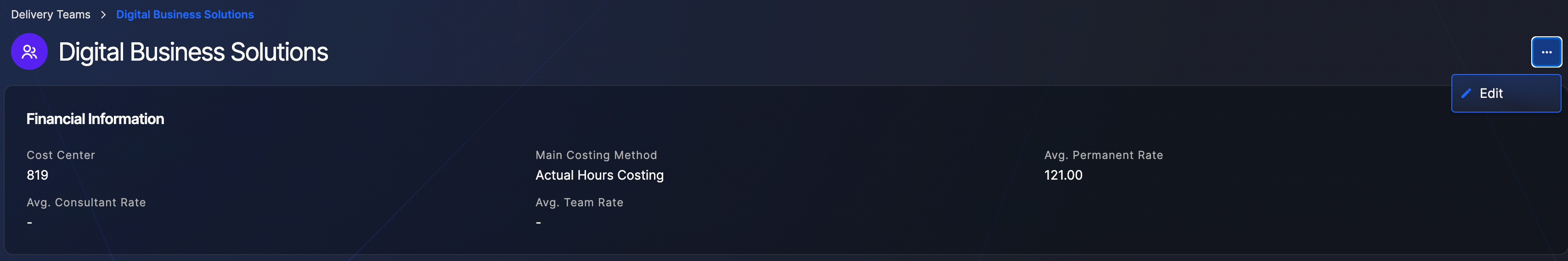 Edit Delivery Team menu